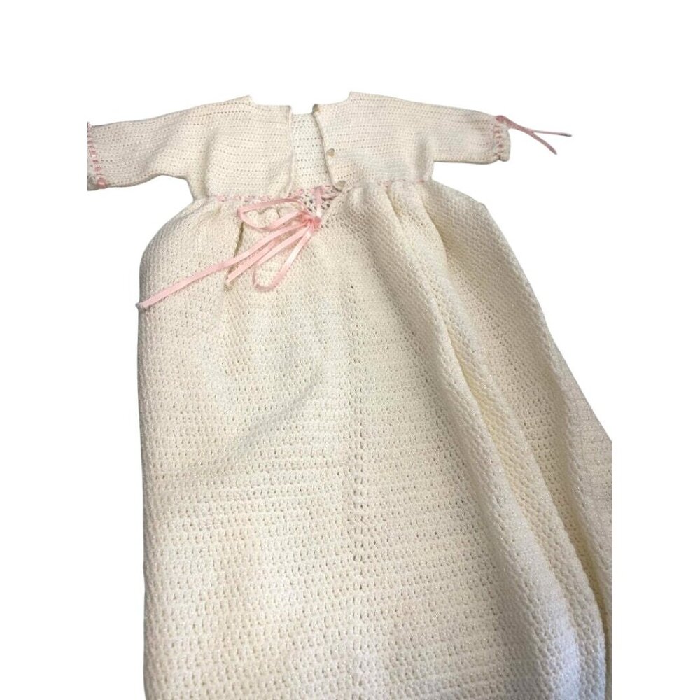 Handcrafted Crochet Baby Christening Gown With Pink Ribbon Accents - Soft Ivory - Picture 3 of 7
